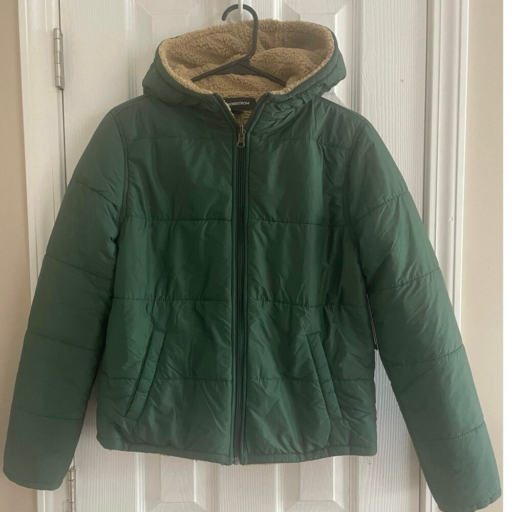 Nordstrom Youth XL 14-16 Pinecone Green Reversible Sherpa Hooded Parka, A06, $45